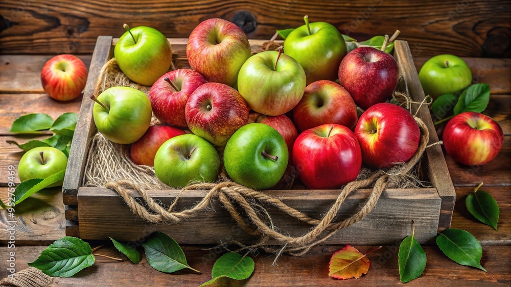 Crates overflowing with vibrant red and green apples in varying sizes and shapes, tied with twine and adorned with lush foliage, exuding freshness and rustic charm. Crates overflowing with vibrant red and green apples in varying sizes and shapes, tied with twine and adorned with lush foliage, exuding freshness and rustic charm.