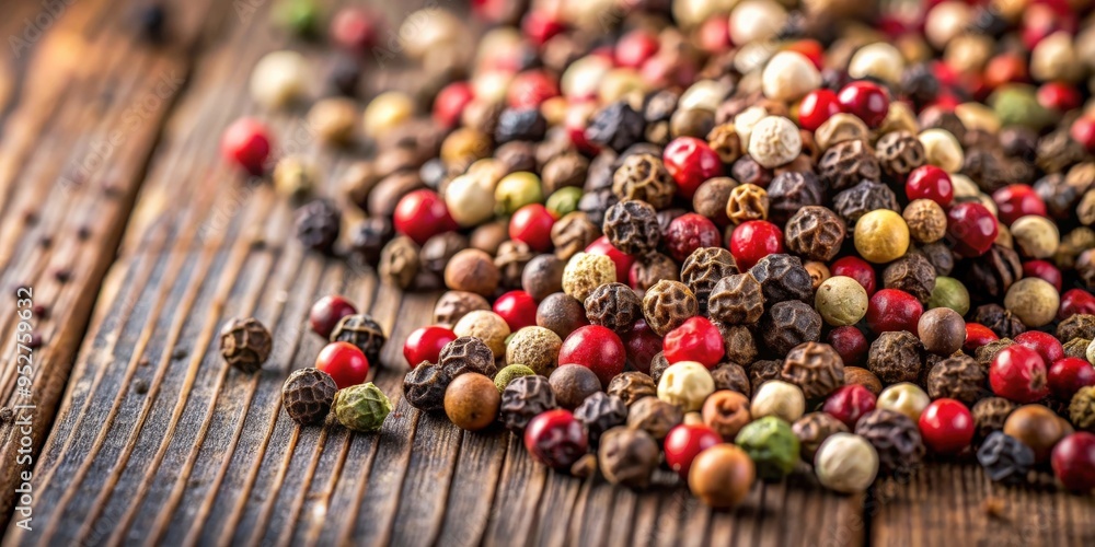 Close-up of scattered peppercorns on a wooden table, peppercorn, spice, seasoning, black, culinary, cooking, ingredient, flavor Close-up of scattered peppercorns on a wooden table, peppercorn, spice, seasoning, black, culinary, cooking, ingredient, flavor