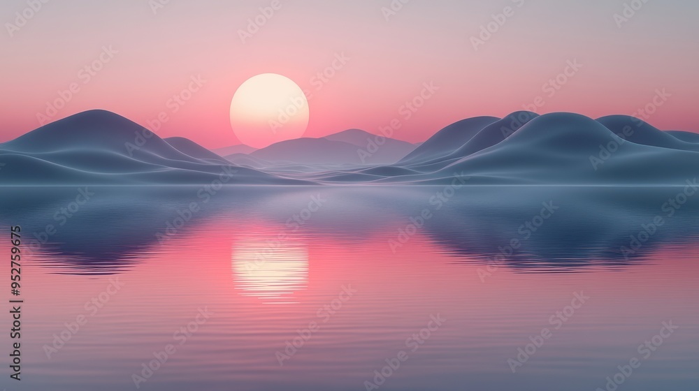 Abstract minimalist geometric 3D render of a surreal violet sunset landscape with rounded hills, glass shapes, and reflections on the water surface for a futuristic aesthetic wallpaper. Abstract minimalist geometric 3D render of a surreal violet sunset landscape with rounded hills, glass shapes, and reflections on the water surface for a futuristic aesthetic wallpaper.