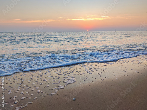 Sunrise landscape Conero natural park dramatic coast headland rocky cliff adriatic sea beautiful sky colorful horizon, tourism destination Italy photo