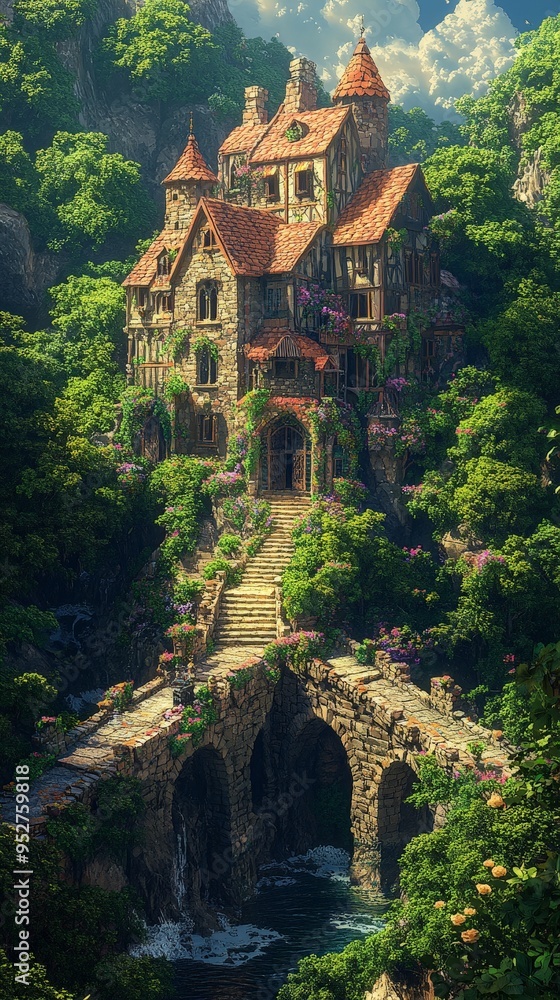 Naklejka premium Ancient Ruins Hidden in a Sunlit, Lush Forest