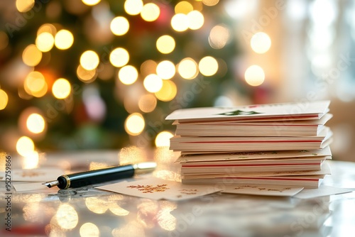 Stack of Christmas cards, pen, lights, holiday preparations photo