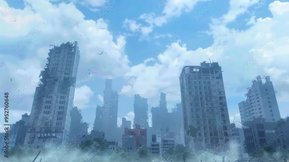 Obraz premium A dramatic view of a post-apocalyptic city skyline under a cloudy sky, showcasing crumbling buildings and a desolate atmosphere.