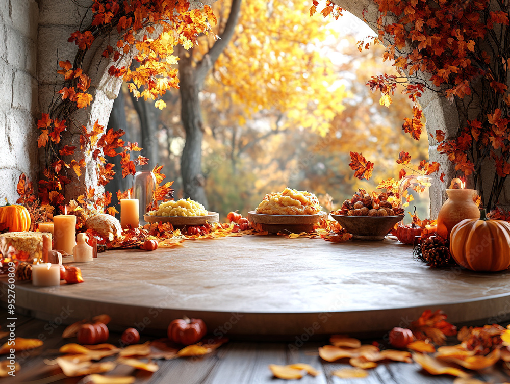 Central empty 3D podium surrounded by a cozy fall setting with a Thanksgiving dinner table featuring turkey, mashed potatoes, and pumpkin pie. Autumn leaves and candles enhance the warm atmosphere. Central empty 3D podium surrounded by a cozy fall setting with a Thanksgiving dinner table featuring turkey, mashed potatoes, and pumpkin pie. Autumn leaves and candles enhance the warm atmosphere.