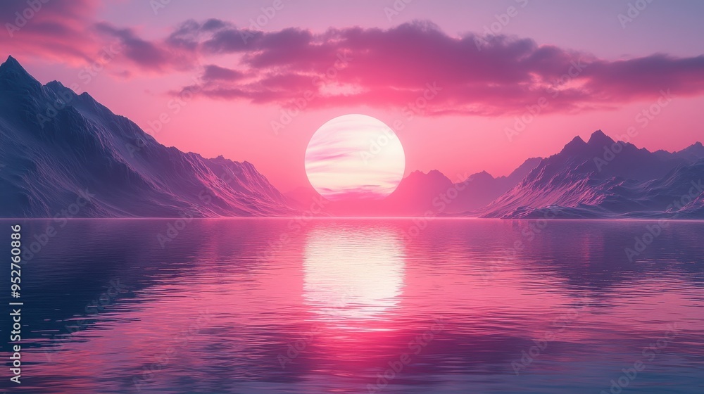 Surreal violet sunset landscape with reflection in water, minimalist geometric background, futuristic aesthetic 3D render wallpaper. Surreal violet sunset landscape with reflection in water, minimalist geometric background, futuristic aesthetic 3D render wallpaper.