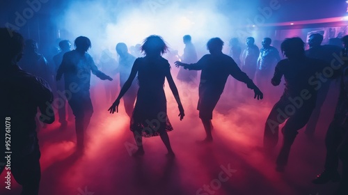 Eerie Halloween Dance Party: Zombie Costumes on Misty Dance Floor