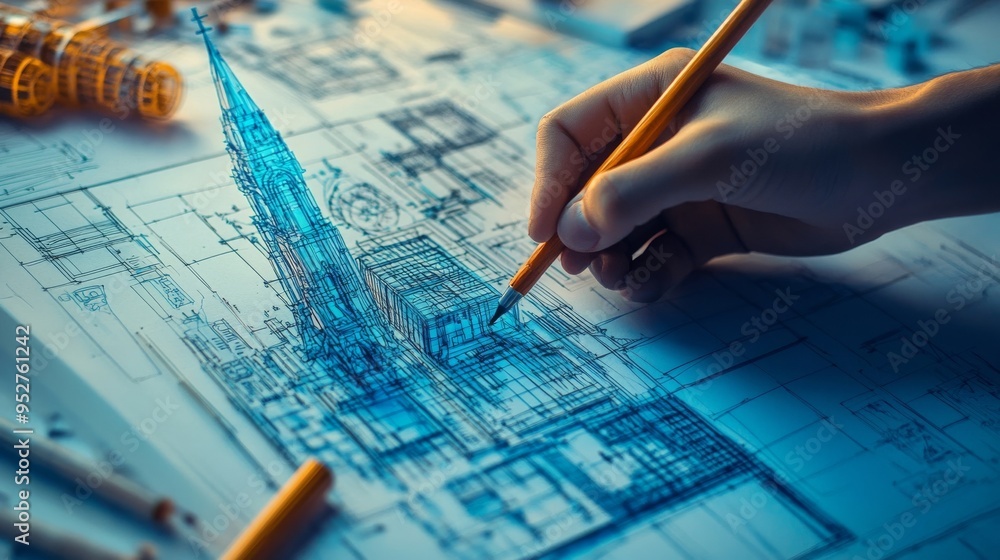 Young designer creates blueprint for vibrant city with churches and grids. Young designer creates blueprint for vibrant city with churches and grids.