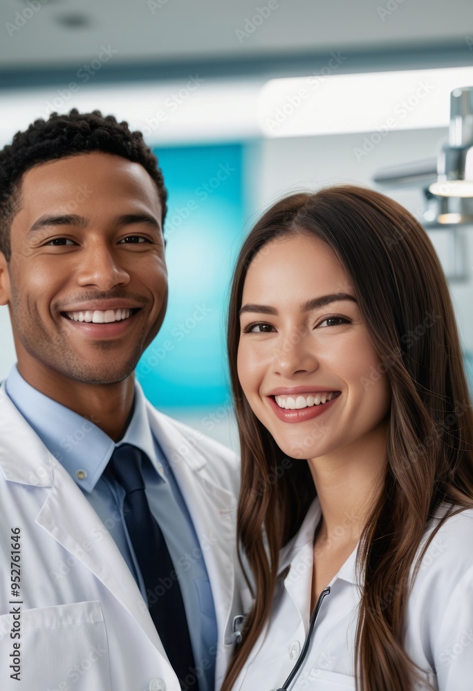 A group of smiling doctors, including two women and a man, stand together in a hospital, reflecting teamwork and positivity in healthcare. A group of smiling doctors, including two women and a man, stand together in a hospital, reflecting teamwork and positivity in healthcare.