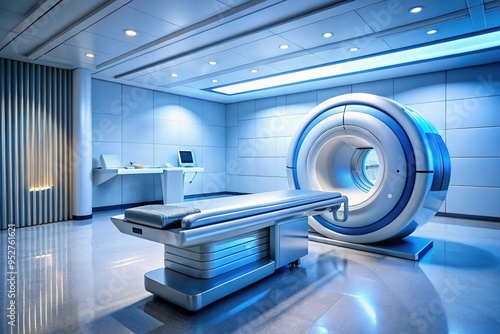 Cutting-edge medical imaging technology featuring a high-resolution magnetic resonance imaging (MRI) machine with sleek design and advanced monitoring systems in a modern hospital setting. photo