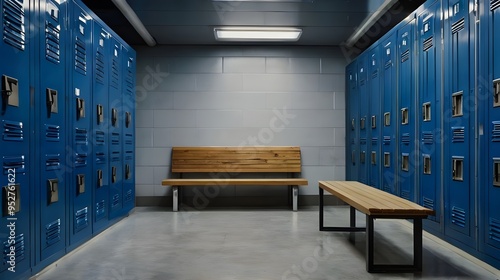 blue locker with sitting bench