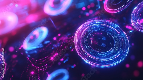 Abstract Futuristic Bitcoin Coin with Glowing Blue and Pink Lights photo