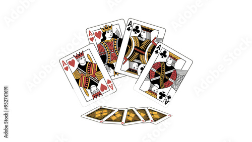 A classic illustration of playing cards featuring Kings and Aces from various suits, arranged in a dynamic spread, representing strategy, luck, and traditional card games.