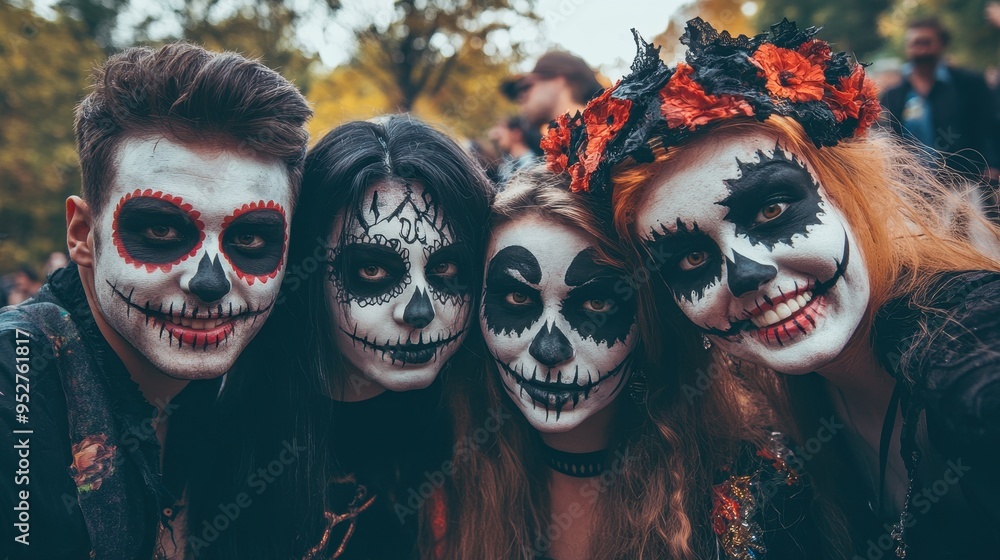 Spooky Fun: Adults in Halloween Makeup Transform Into Skulls and Vampires at Party Spooky Fun: Adults in Halloween Makeup Transform Into Skulls and Vampires at Party