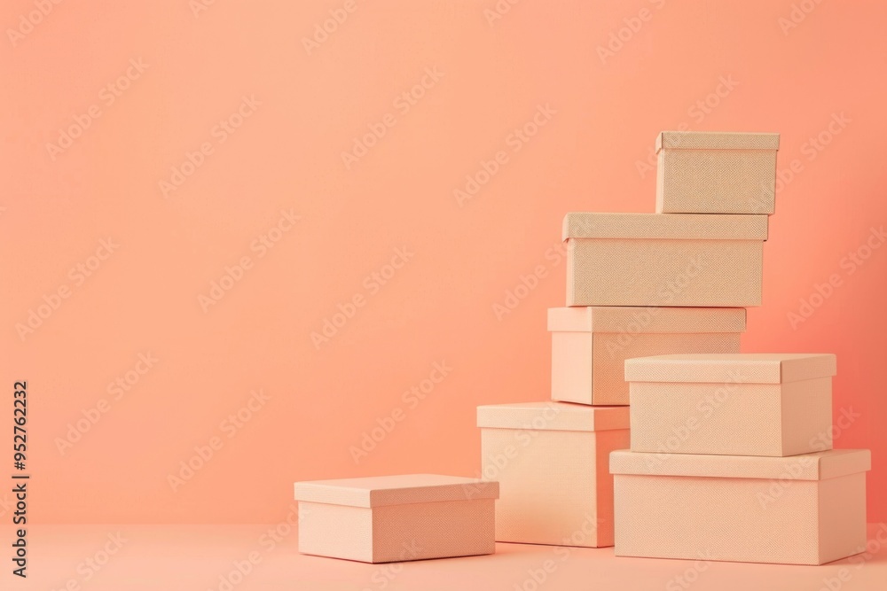 Stacked Beige Gift Boxes Against Peach Background for Packaging Design and Display Stacked Beige Gift Boxes Against Peach Background for Packaging Design and Display