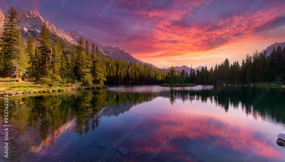 Sunset over a quiet mountain lake surrounded by pine trees and reflections on the water. Sunset over a quiet mountain lake surrounded by pine trees and reflections on the water.
