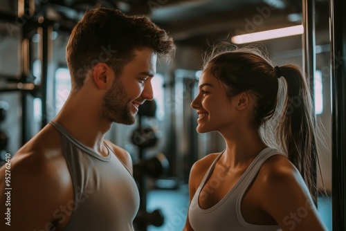 Nice athletic fit couple in love working out together in a gym, sharing motivation and supporting each other during their fitness routine. Health, fitness, and the bond between partners.