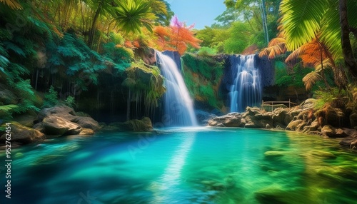 A waterfall cascades down a rocky cliff surrounded by tropical plants into a crystal clear river. Ideal for nature and travel themes.