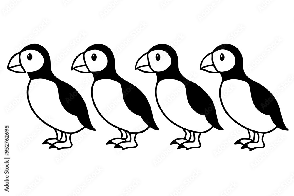 Four Puffins Linear Vector Art on White Background Four Puffins Linear Vector Art on White Background