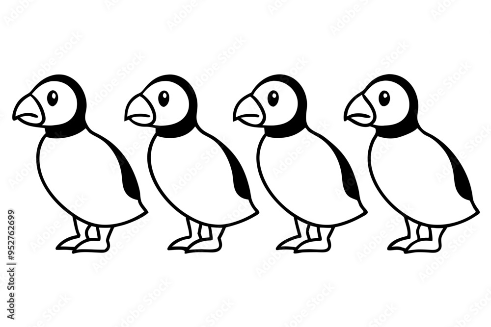 Four Puffins Linear Vector Art on White Background Four Puffins Linear Vector Art on White Background