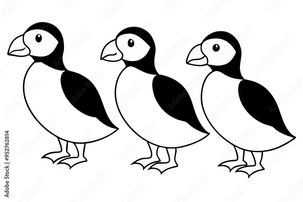 Naklejka premium Four Puffins Linear Vector Art on White Background