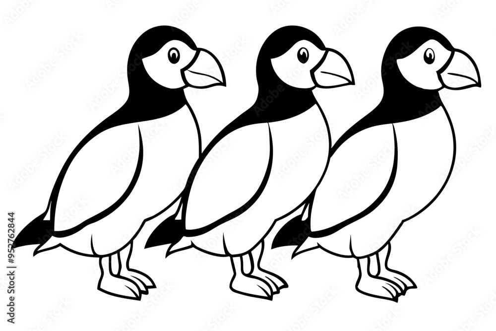 Fototapeta premium Four Puffins Linear Vector Art on White Background
