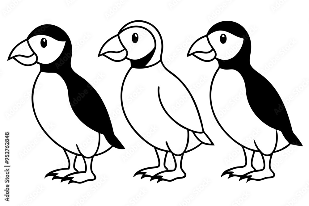 Fototapeta premium Four Puffins Linear Vector Art on White Background