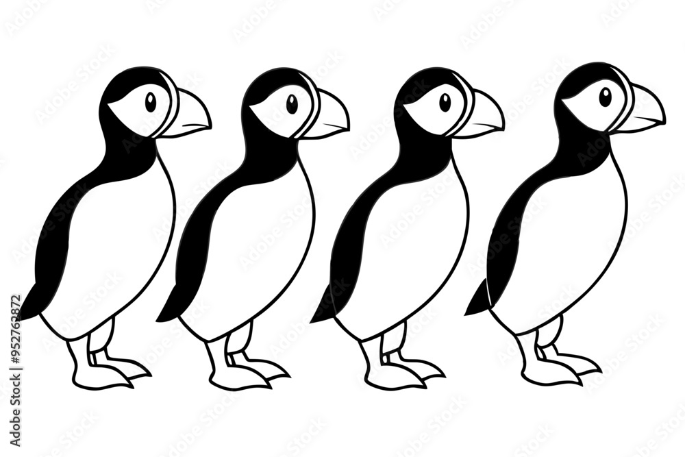 Fototapeta premium Four Puffins Linear Vector Art on White Background