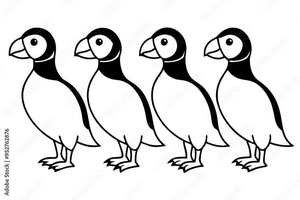 Fototapeta premium Four Puffins Linear Vector Art on White Background
