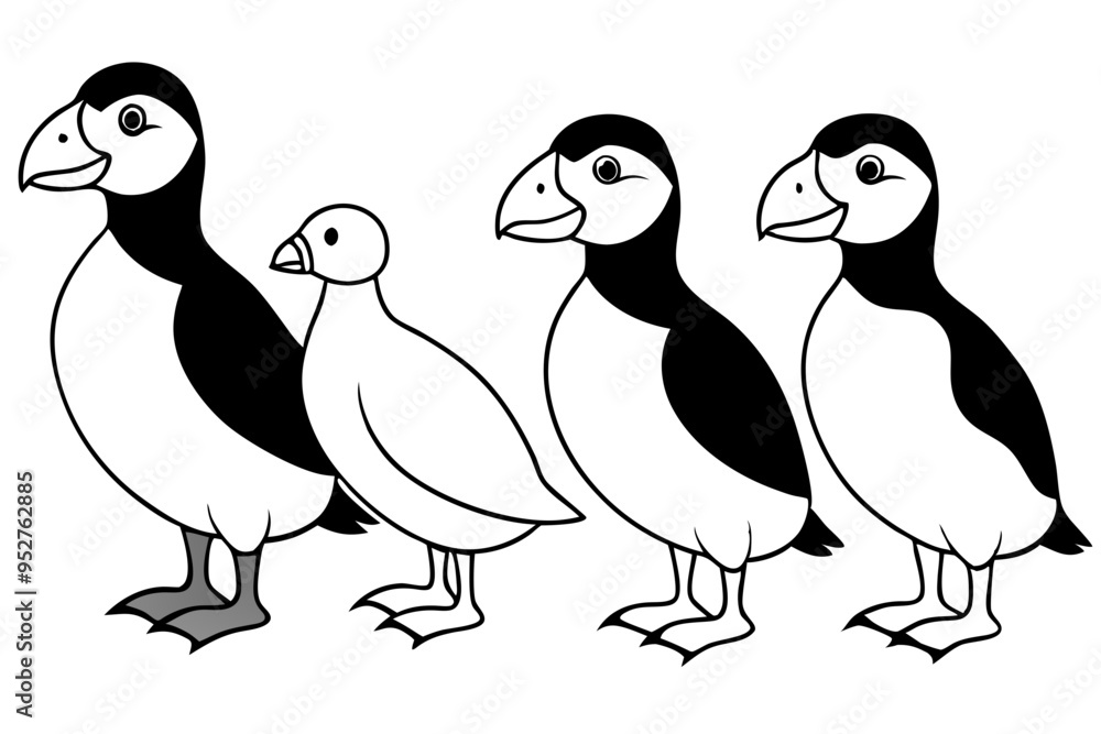 Fototapeta premium Four Puffins Linear Vector Art on White Background