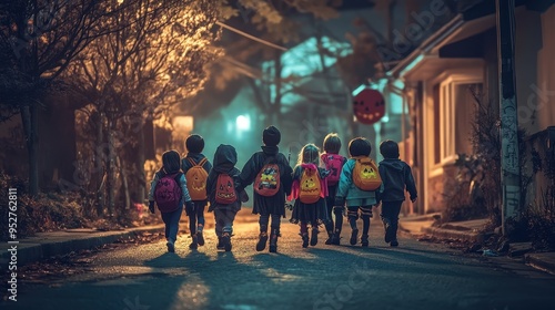 Spooky Halloween Adventure: Children in Costumes Walking Down Creepy Night Street