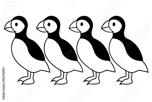 Four Puffins Linear Vector Art on White Background