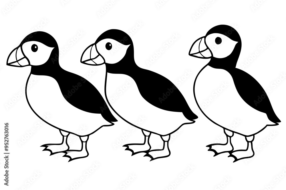 Fototapeta premium Four Puffins Linear Vector Art on White Background