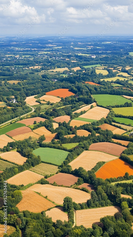Obraz premium Aerial view of a patchwork of fields in various shades of green, brown, and orange.