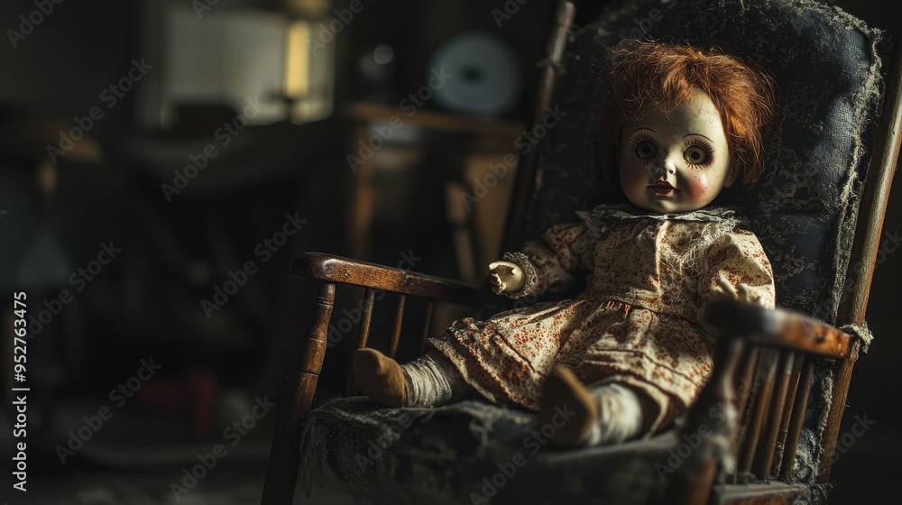 Spooky Halloween Setting with Creepy Doll in Old Rocking Chair Spooky Halloween Setting with Creepy Doll in Old Rocking Chair