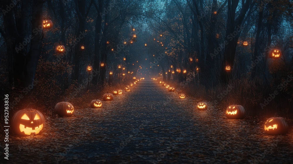 Enchanted Halloween Pathway with Glowing Pumpkins Leading to Haunted Forest at Night Enchanted Halloween Pathway with Glowing Pumpkins Leading to Haunted Forest at Night