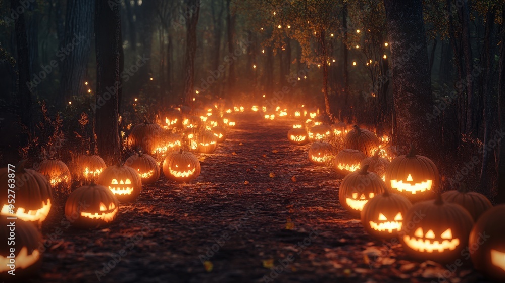 Enchanted Halloween Trail: Spooky Path with Glowing Pumpkins Leading to Haunted Forest Enchanted Halloween Trail: Spooky Path with Glowing Pumpkins Leading to Haunted Forest