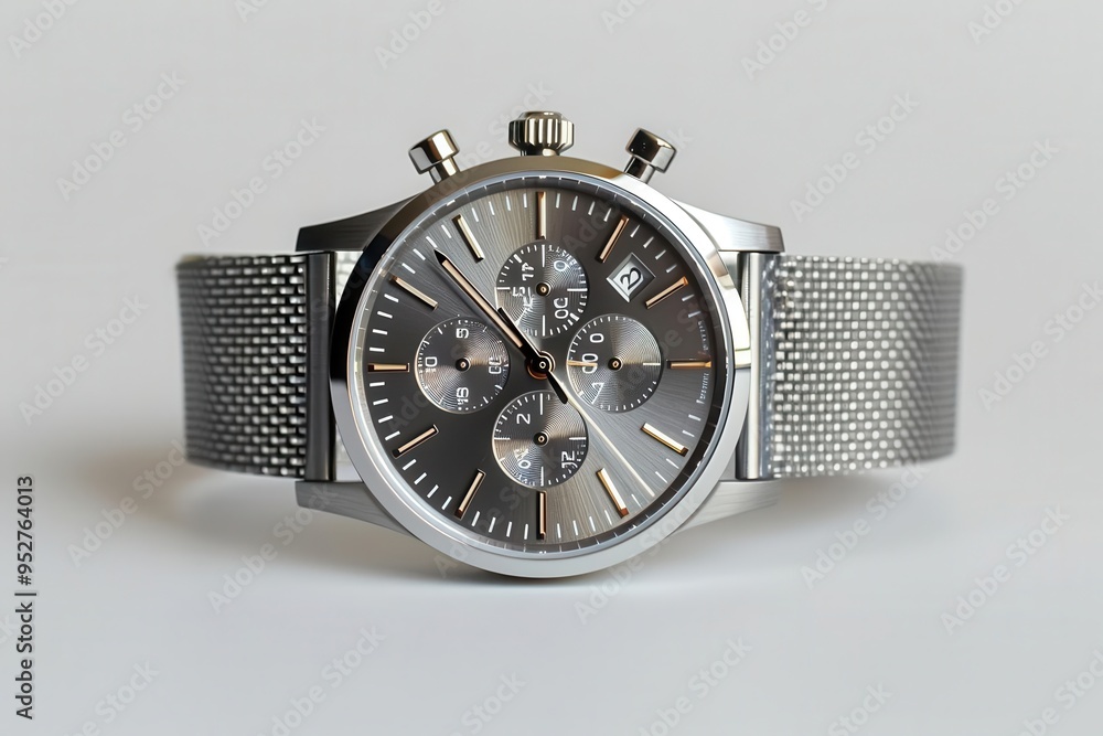 Stylish watch with metallic strap, white background, fashion timepiece Stylish watch with metallic strap, white background, fashion timepiece