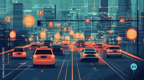 A graphic depicting IoT based sensors monitoring and analyzing traffic flow and congestion in a modern futuristic city  The system enables real time data collection intelligent analytics photo