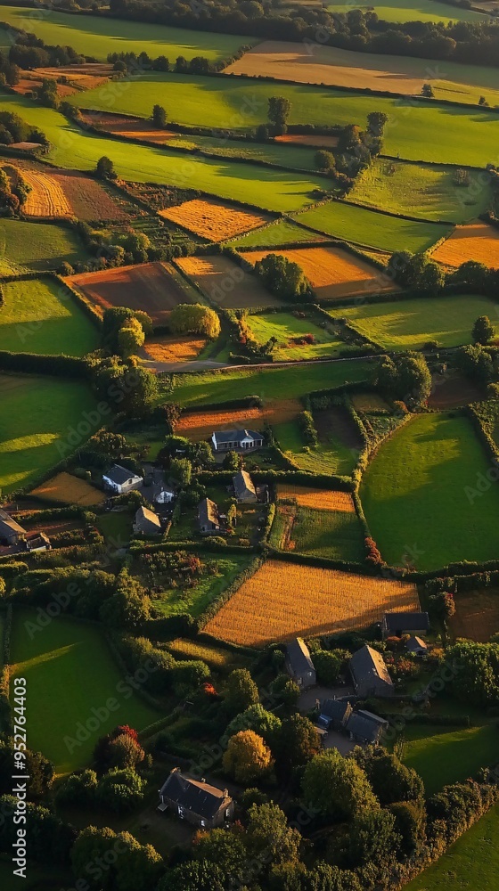 Aerial view of a rural village with farmland and houses. Aerial view of a rural village with farmland and houses.