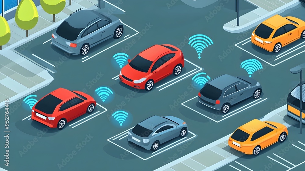 graphic depicting a smart parking system that leverages IoT technology to guide drivers to available parking spots in crowded urban environments improving efficiency and reducing traffic congestion graphic depicting a smart parking system that leverages IoT technology to guide drivers to available parking spots in crowded urban environments improving efficiency and reducing traffic congestion