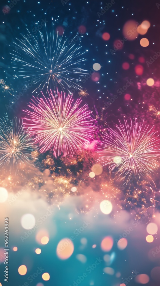 New Year’s Celebration Fireworks Lighting Up Night Sky with Colorful Explosions and Bokeh Lights New Year’s Celebration Fireworks Lighting Up Night Sky with Colorful Explosions and Bokeh Lights