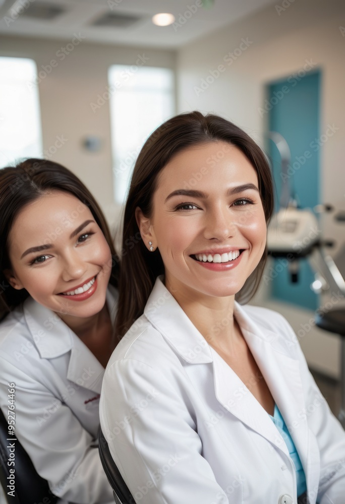 Two female doctors smile warmly while standing together in a hospital, showcasing teamwork and positivity in healthcare. Two female doctors smile warmly while standing together in a hospital, showcasing teamwork and positivity in healthcare.