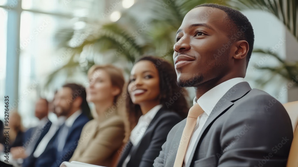 Professional Candidates Sitting in Modern Office Lobby Diverse Group Happy Expressions Business Casual Professional Candidates Sitting in Modern Office Lobby Diverse Group Happy Expressions Business Casual