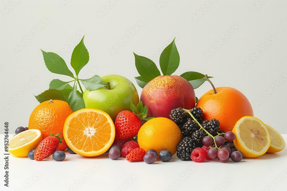 Fresh fruit assortment, white background, healthy eating Fresh fruit assortment, white background, healthy eating
