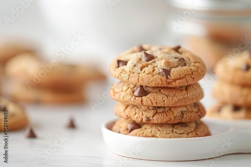 Freshly baked cookies with chocolate chips, white background, homemade treats