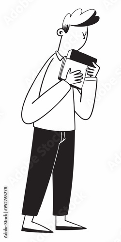 Reader's Embrace: An illustration of a figure, absorbed in the world of literature, holding a stack of books close with focused expression.