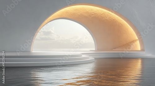 3D render of an abstract minimalist white background featuring an empty hemispheric stage for product presentation with golden rounded arches and reflections in the water.