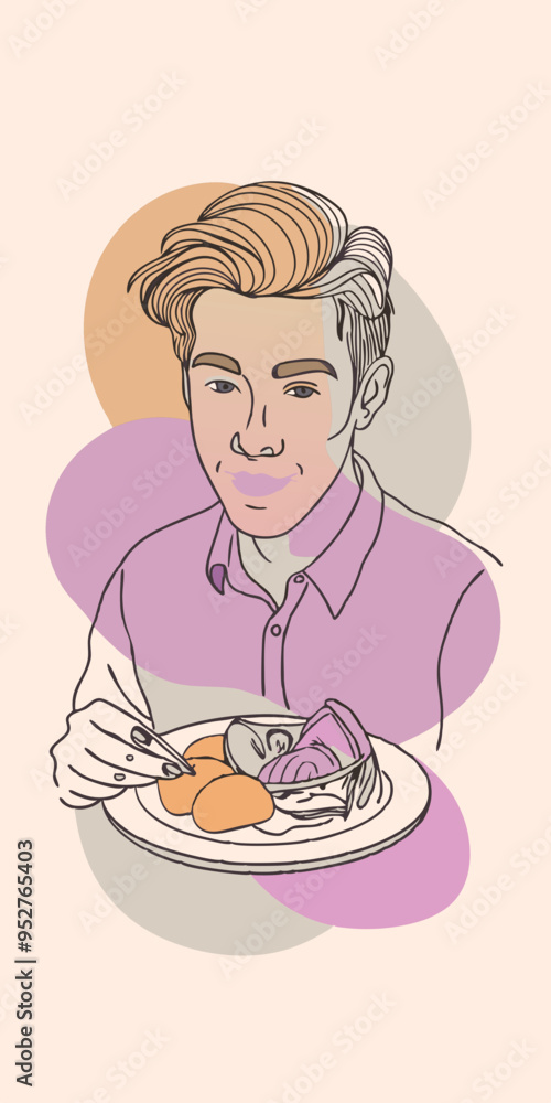illustration of a man holding and eating a delicious meal food illustration of a man holding and eating a delicious meal food