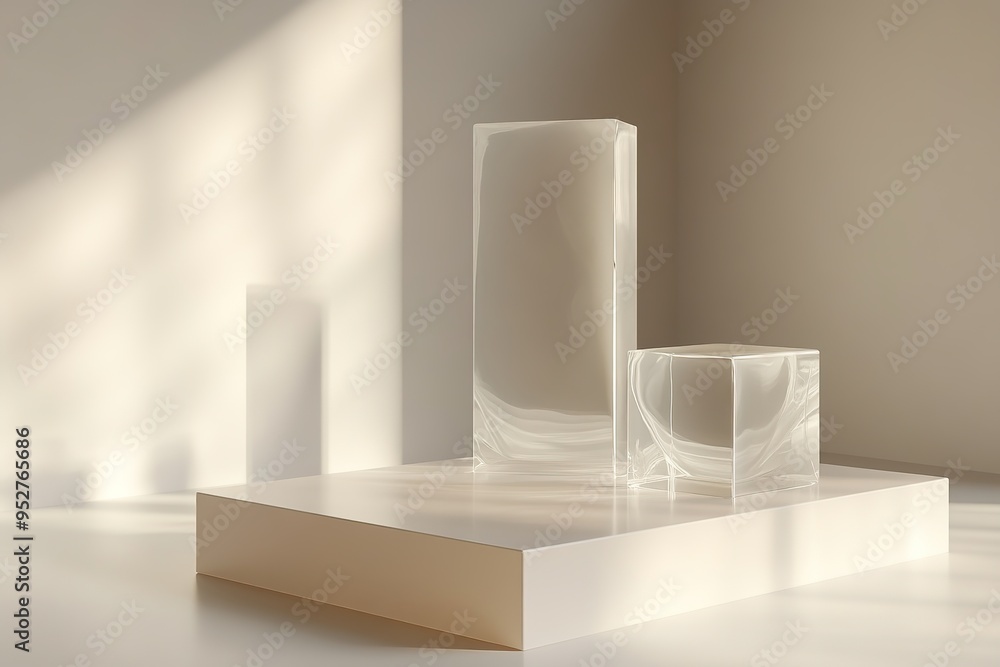 Minimalistic glass podiums with sunlight shadows in beige room Minimalistic glass podiums with sunlight shadows in beige room