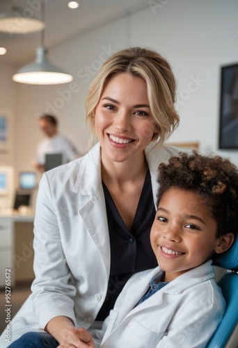 A female doctor with blonde hair smiles warmly while sitting with a young boy in a dental office, showcasing care and professionalism.